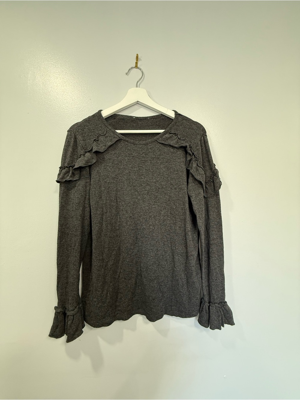 Ruffled Shoulder Long-Sleeve Top - Charcoal Gray